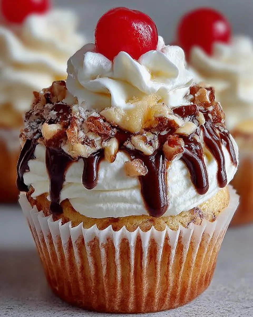 Moist banana split cupcakes topped with whipped cream, chocolate drizzle, chopped fruit, and maraschino cherries.