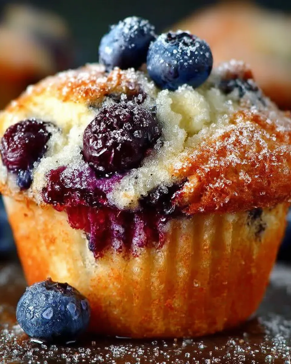 A basket of golden blueberry muffins with sugar-dusted tops and juicy berries peeking through 