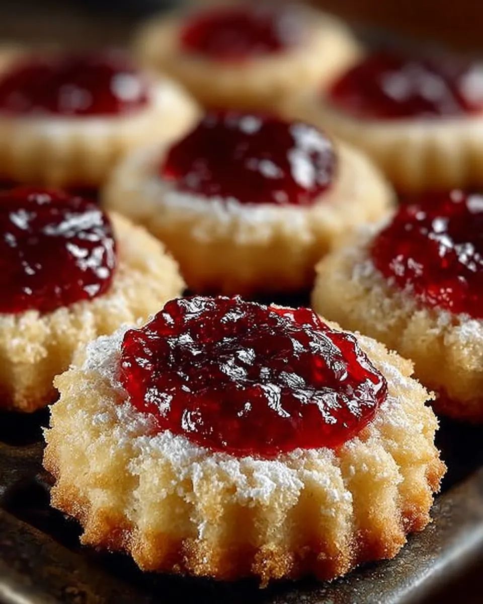 Plate of thumbprint cookies filled with colorful jelly and dusted with powdered sugar