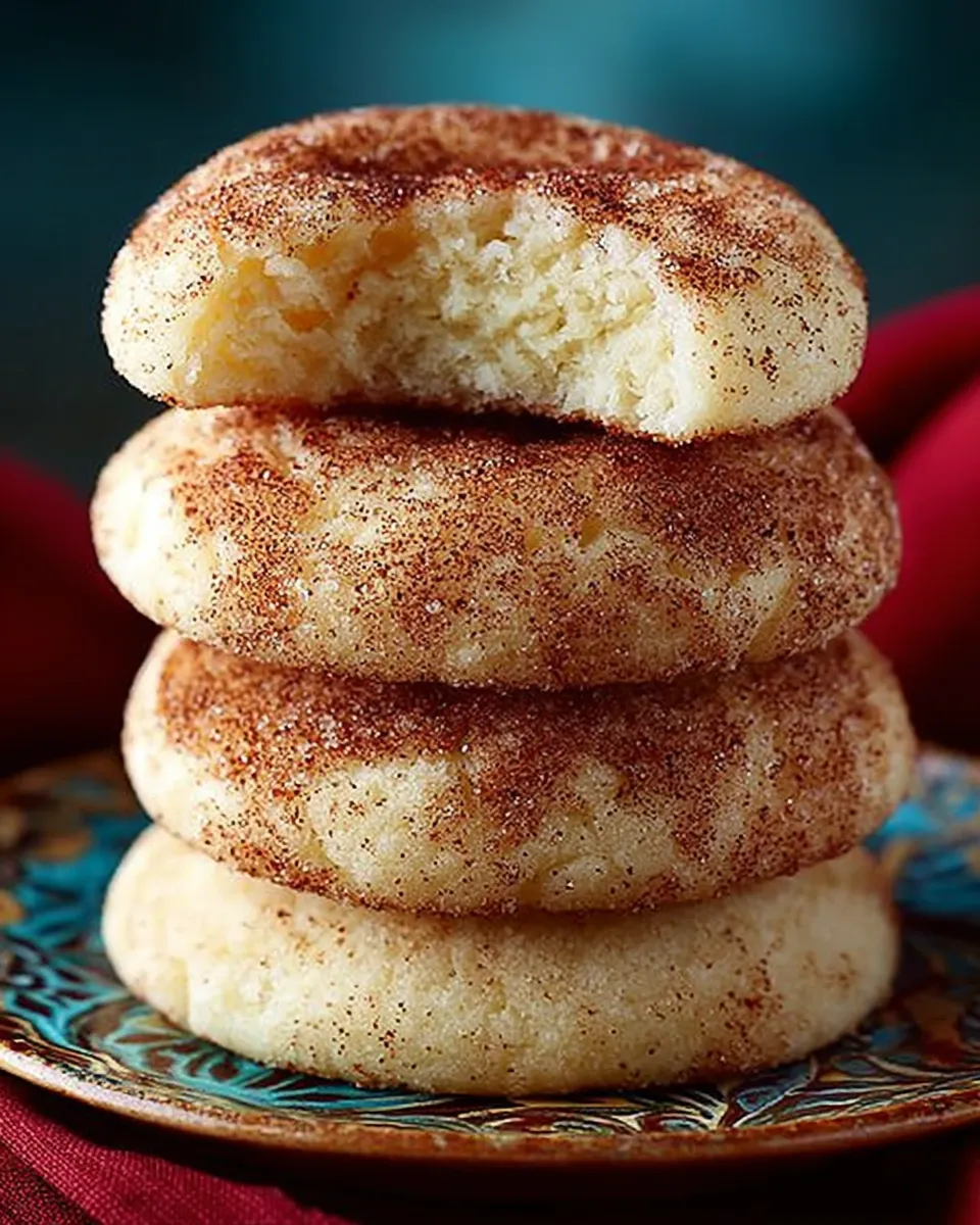 A plate of freshly baked Snickerdoodles with cracked cinnamon-sugar tops on a rustic wooden table