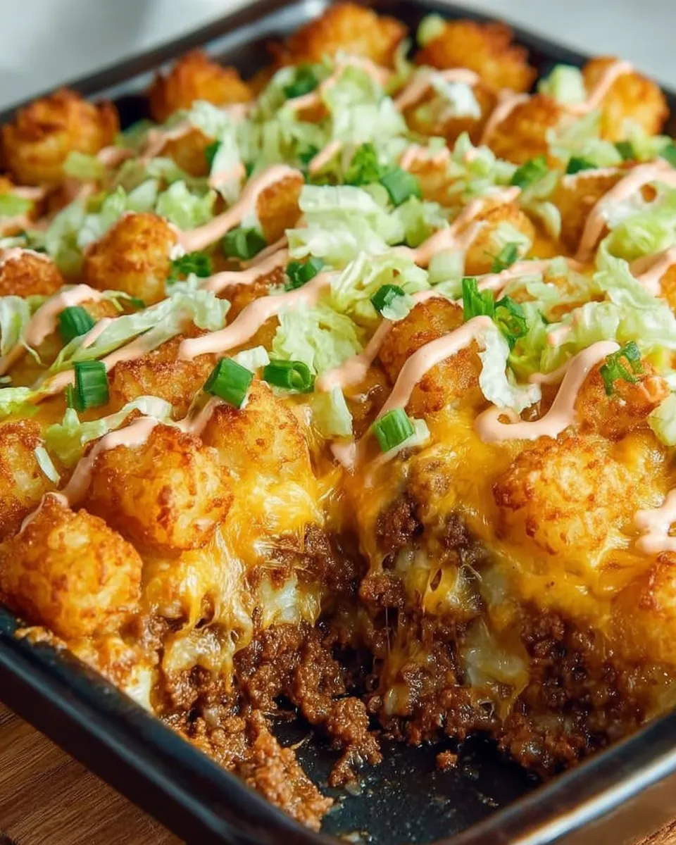 A hearty slice of Big Mac Tater Tot Casserole topped with shredded lettuce and Thousand Island dressing.