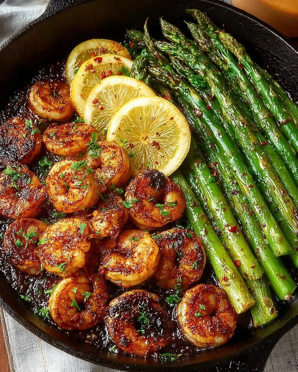 Skillet filled with blackened shrimp and asparagus garnished with lemon slices and parsley