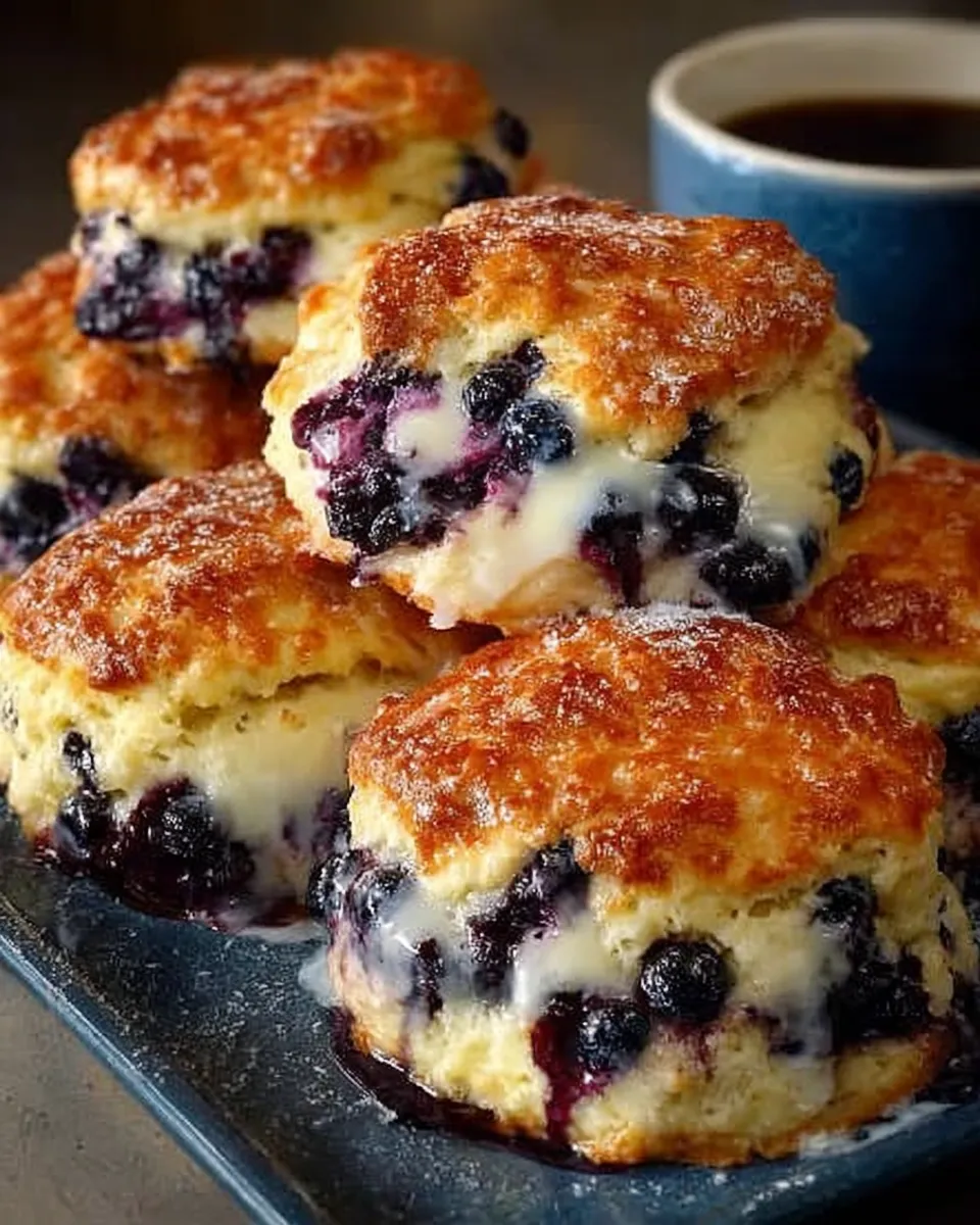 A stack of golden blueberry biscuits drizzled with lemon glaze, surrounded by fresh blueberries.