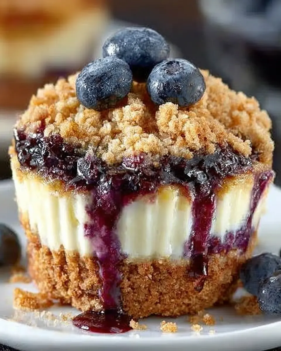 Mini cheesecakes topped with fresh blueberries and golden oat crumble on a serving plate
