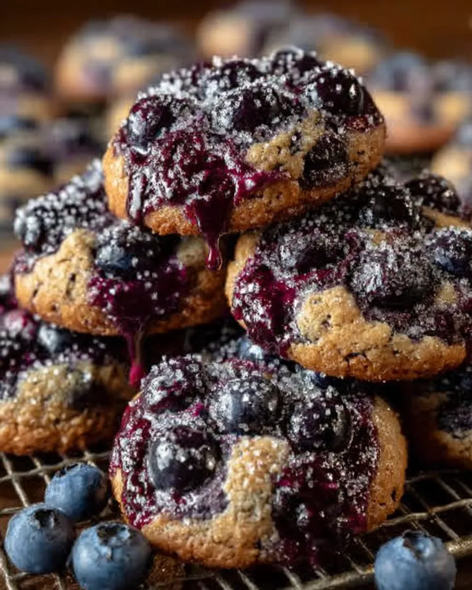 A close-up of Blueberry Heaven Cookies with a crackled sugar top and jam peeking through the center