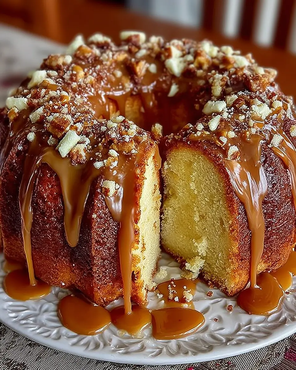 Sliced brown sugar pound cake topped with glossy caramel glaze on a serving plate