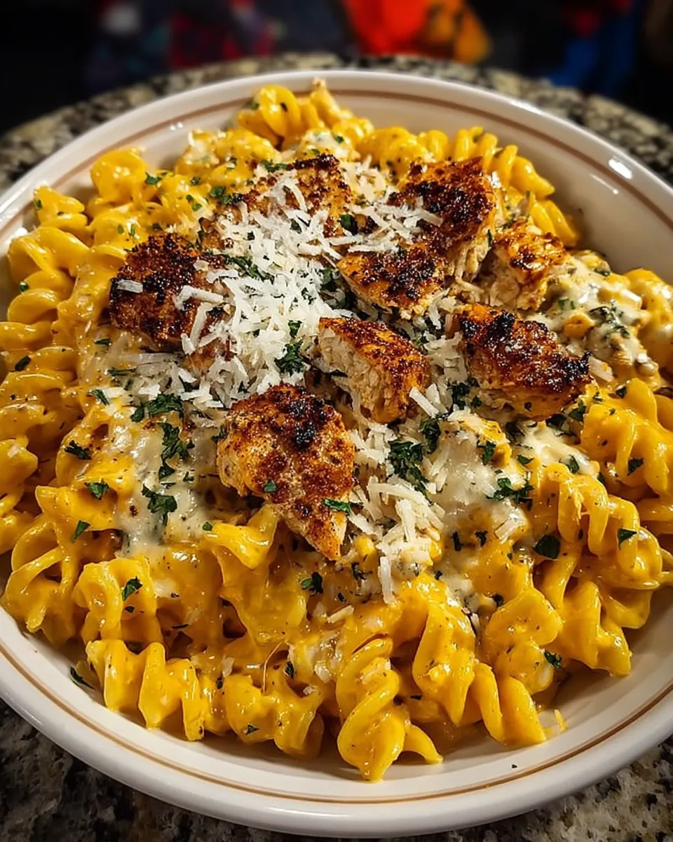 Bowl of creamy buffalo chicken pasta garnished with parsley and parmesan