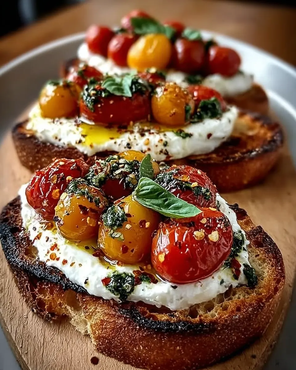 Burrata bruschetta topped with cherry tomatoes and basil on toasted bread, arranged on a serving board