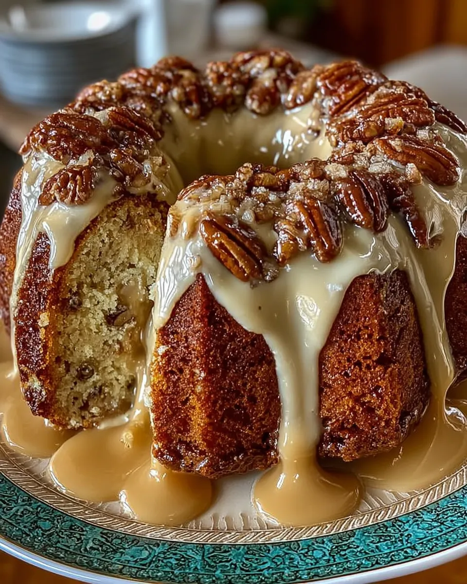 A golden Buttered Pecan Pound Cake drizzled with vanilla caramel glaze, topped with toasted pecans 