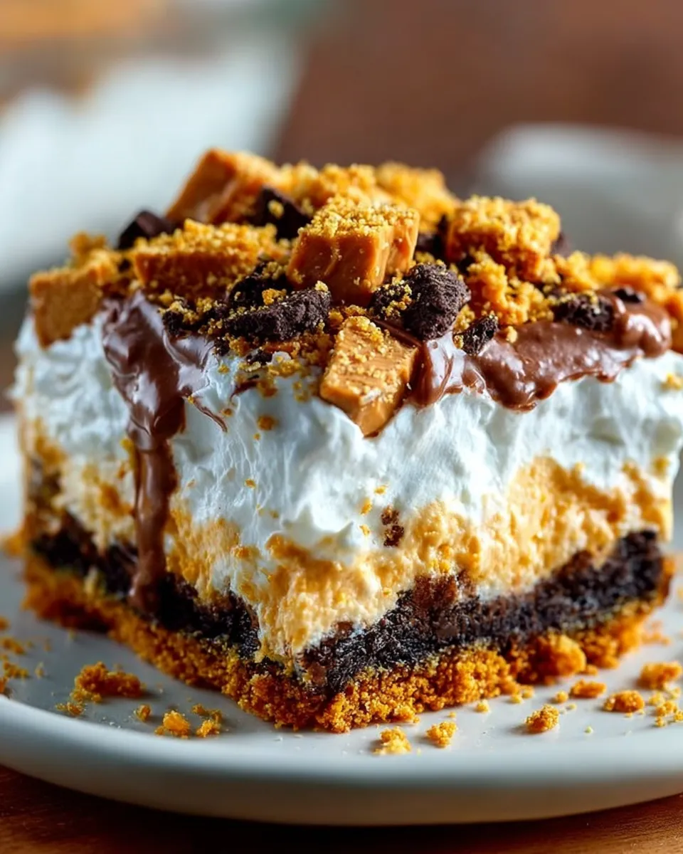Square slice of Butterfinger Lush layered with Oreo crust, creamy filling, and crushed candy on top