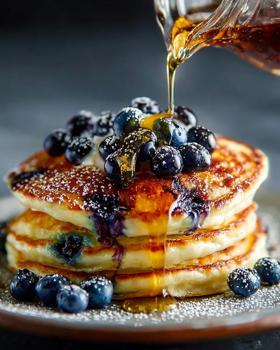 Stack of golden Buttermilk Blueberry Pancakes topped with fresh blueberries and maple syrup
