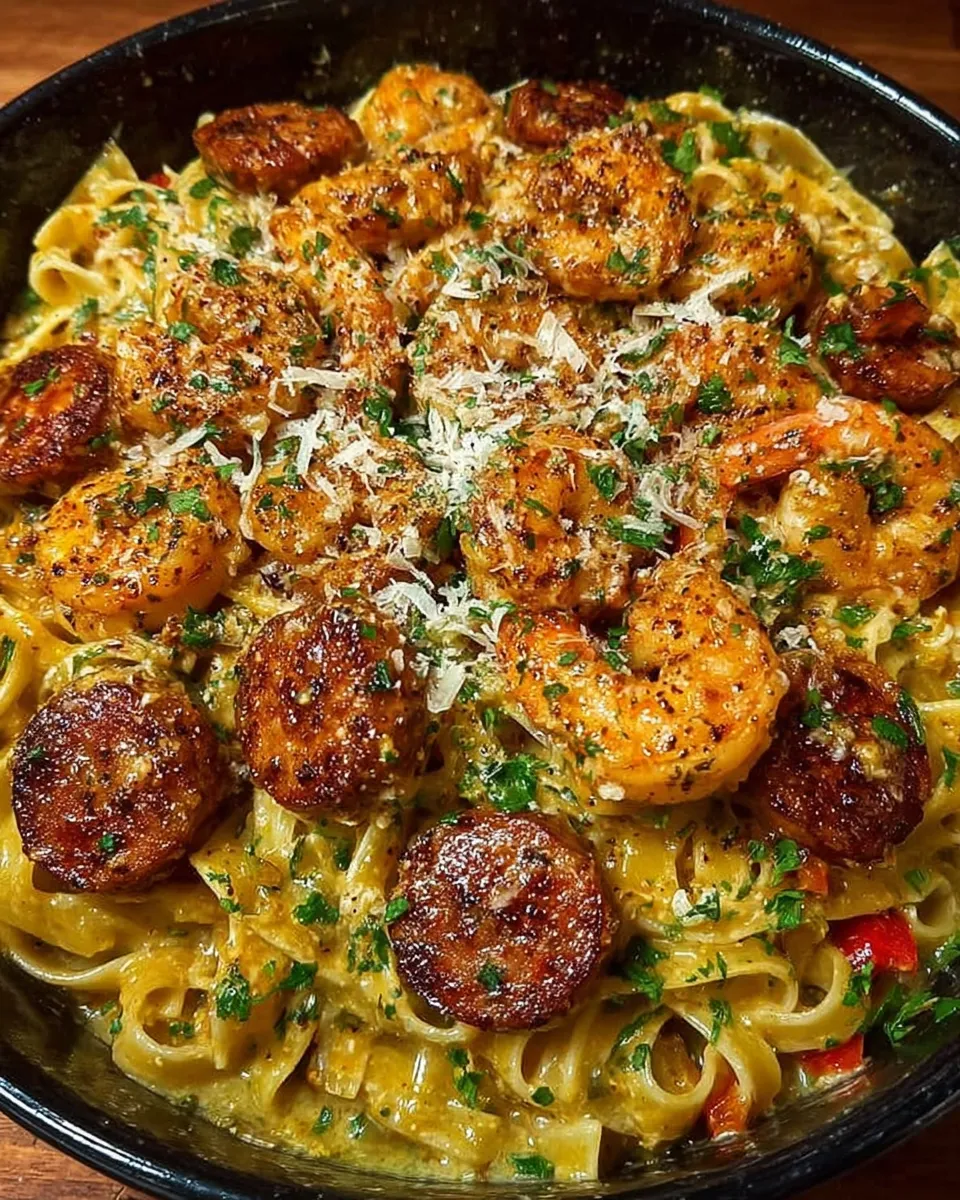 Bowl of Cajun shrimp pasta with sausage, creamy sauce, and parsley garnish