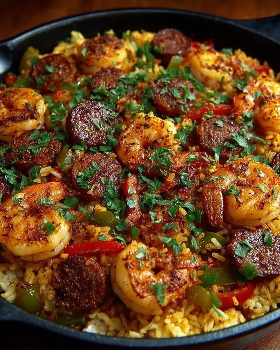 Skillet of Cajun shrimp and sausage dirty rice garnished with green onions
