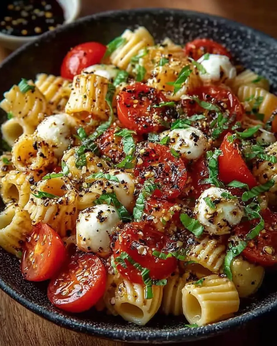 Caprese Pasta Salad with mozzarella pearls, halved tomatoes, and basil in a white bowl 
