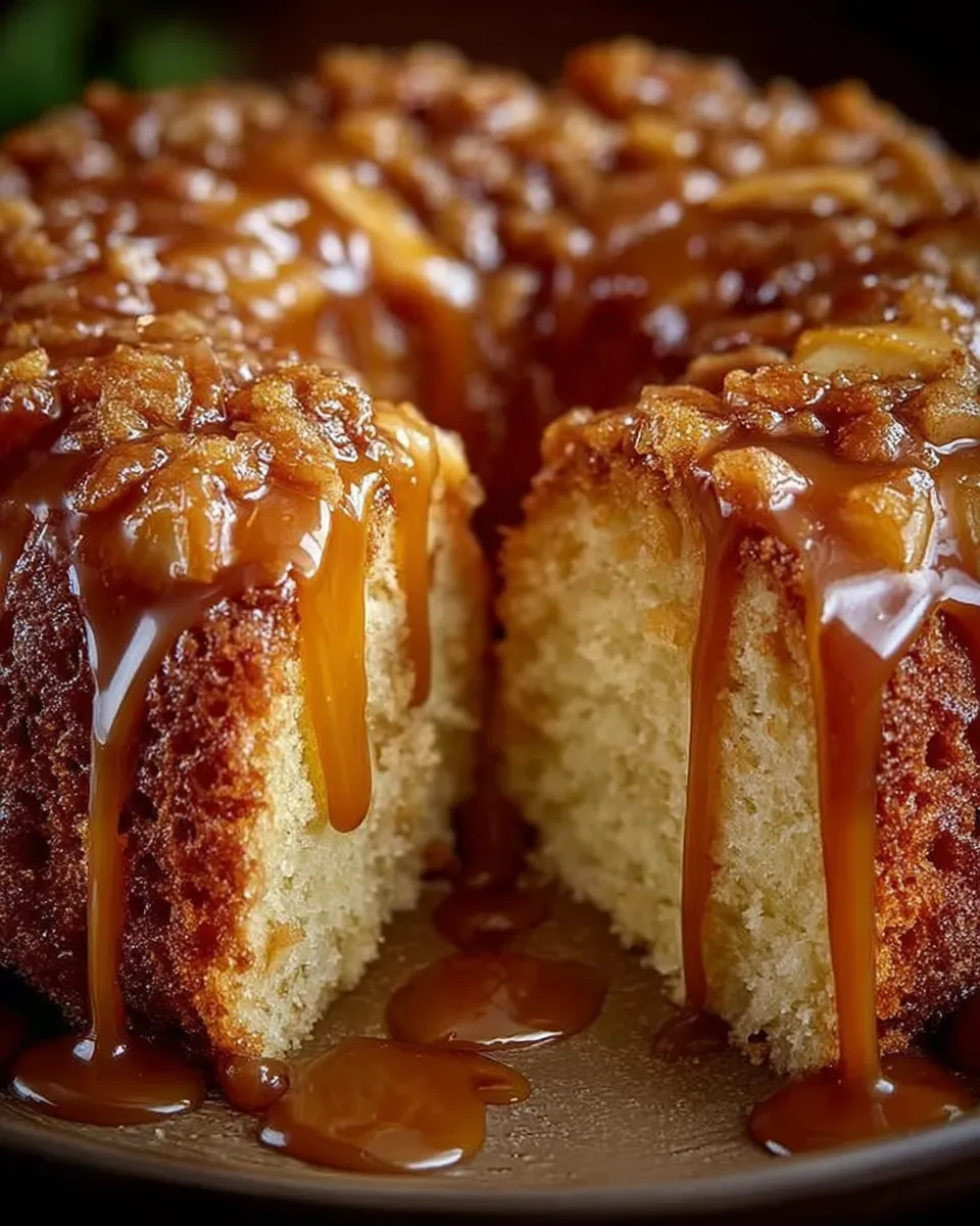 Slice of Caramel Apple Cake with caramel drizzle
Whole Caramel Apple Cake with sliced apples on top
Homemade caramel sauce being poured over apple cake