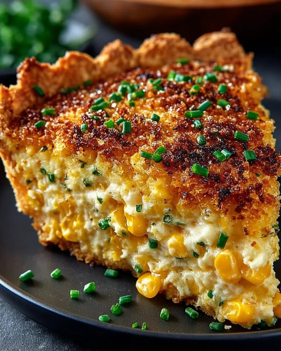 Slice of golden Cheddar Sweet Corn Pie on a plate with fresh herbsSlice of golden Cheddar Sweet Corn Pie on a plate with fresh herbs