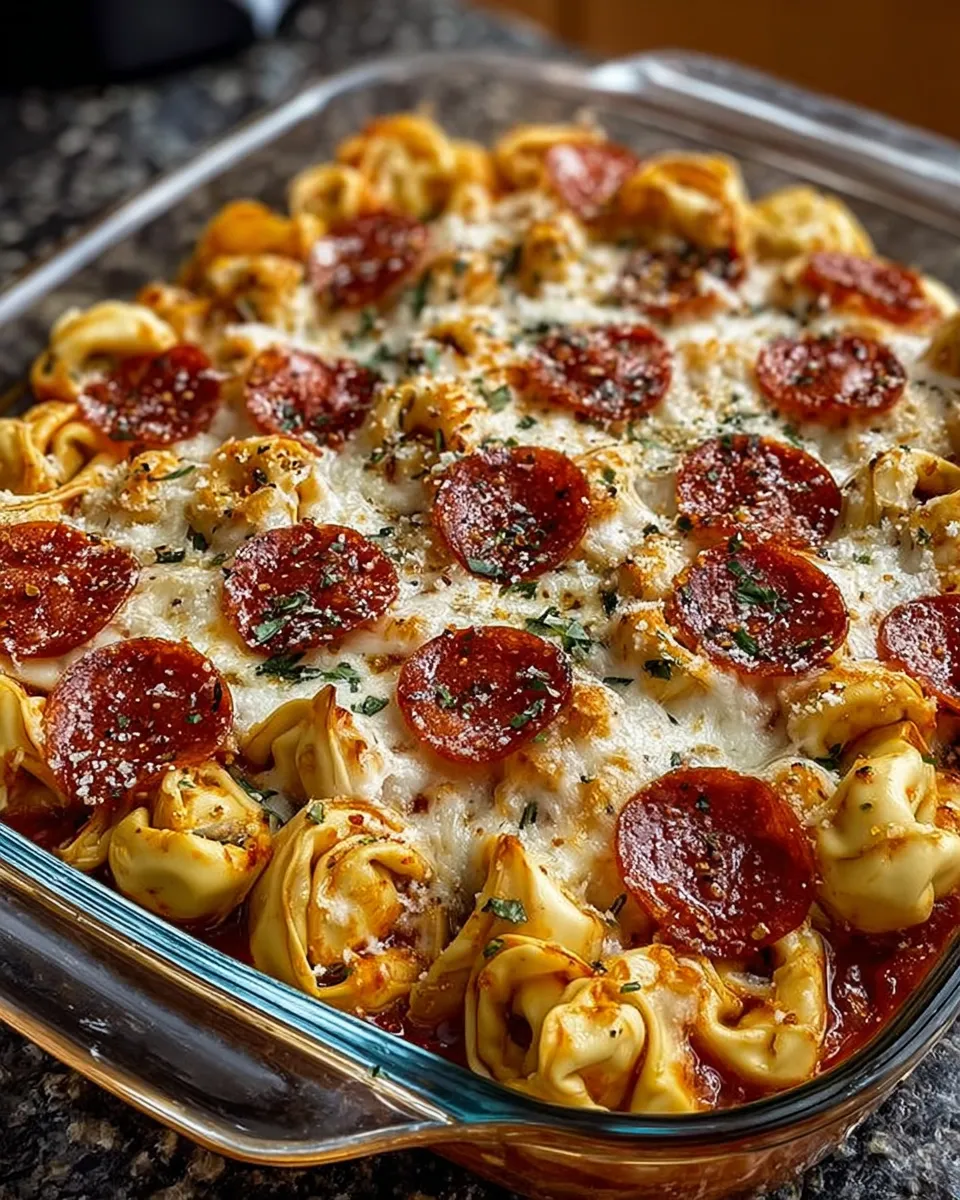 Baked cheese tortellini casserole with melted cheese and pepperoni slices in a casserole dish 