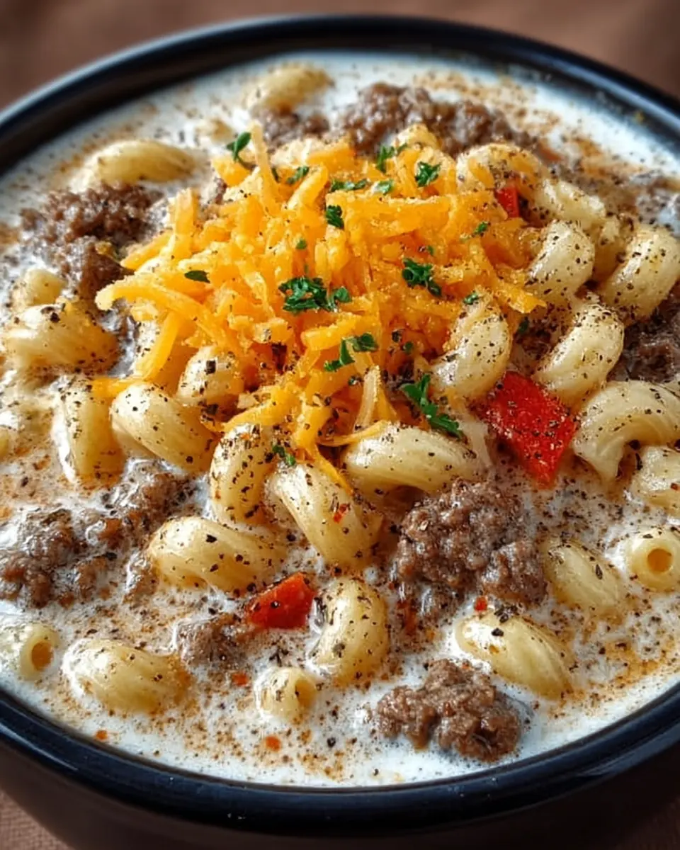 A bowl of cheeseburger macaroni soup with elbow pasta, ground beef, and melted cheddar cheese, garnished with herbs