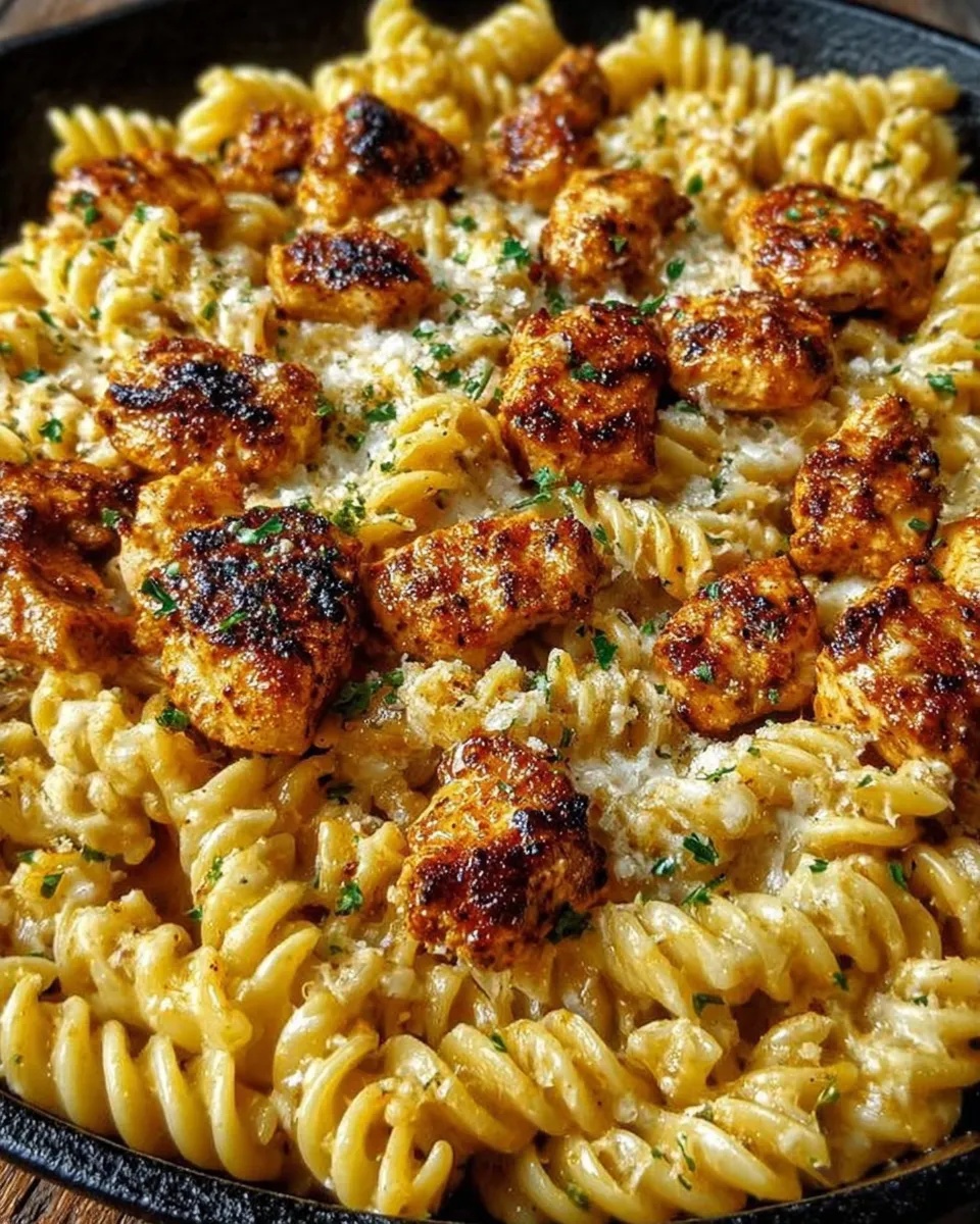 A skillet filled with cheesy Cajun garlic chicken rotini pasta, garnished with fresh parsley and melted cheese, showcasing creamy sauce and tender chicken pieces.