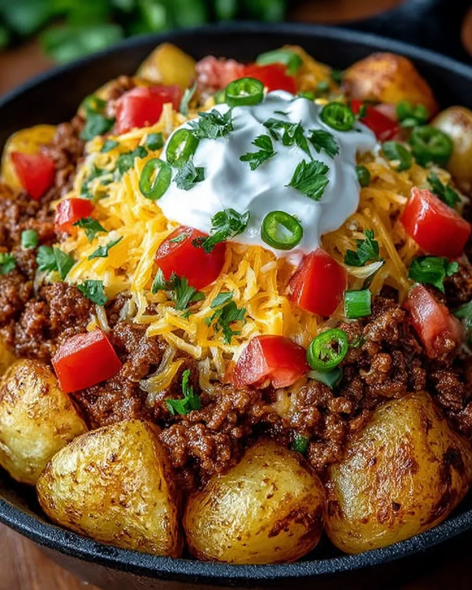 Plate of cheesy taco potatoes topped with sour cream, diced tomatoes, and green onions