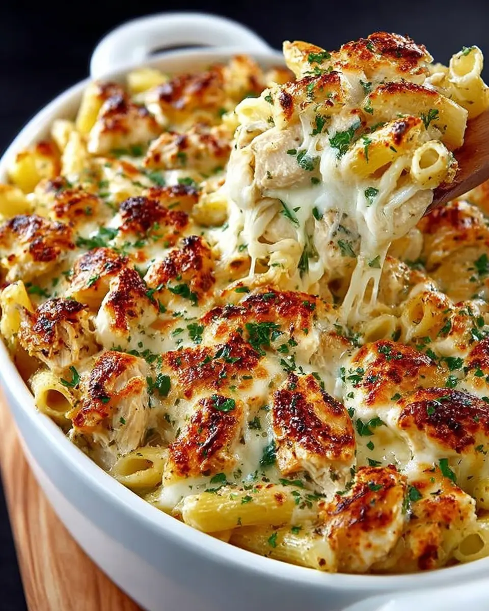 Chicken Alfredo Baked Ziti in a casserole dish with golden melted cheese and fresh herbs on top