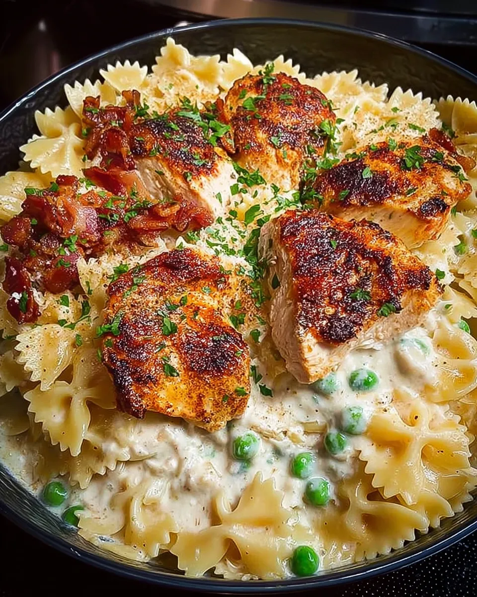Plate of chicken carbonara with bacon, peas, and bow tie pasta topped with Parmesan