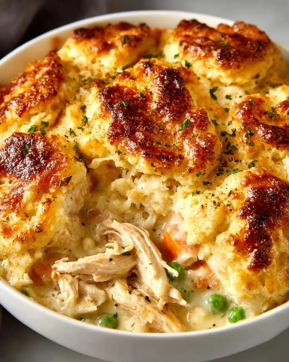 Golden biscuit crust on Chicken Cobbler
Serving of Chicken Cobbler with vegetables
Close-up of Chicken Cobbler in a baking dish