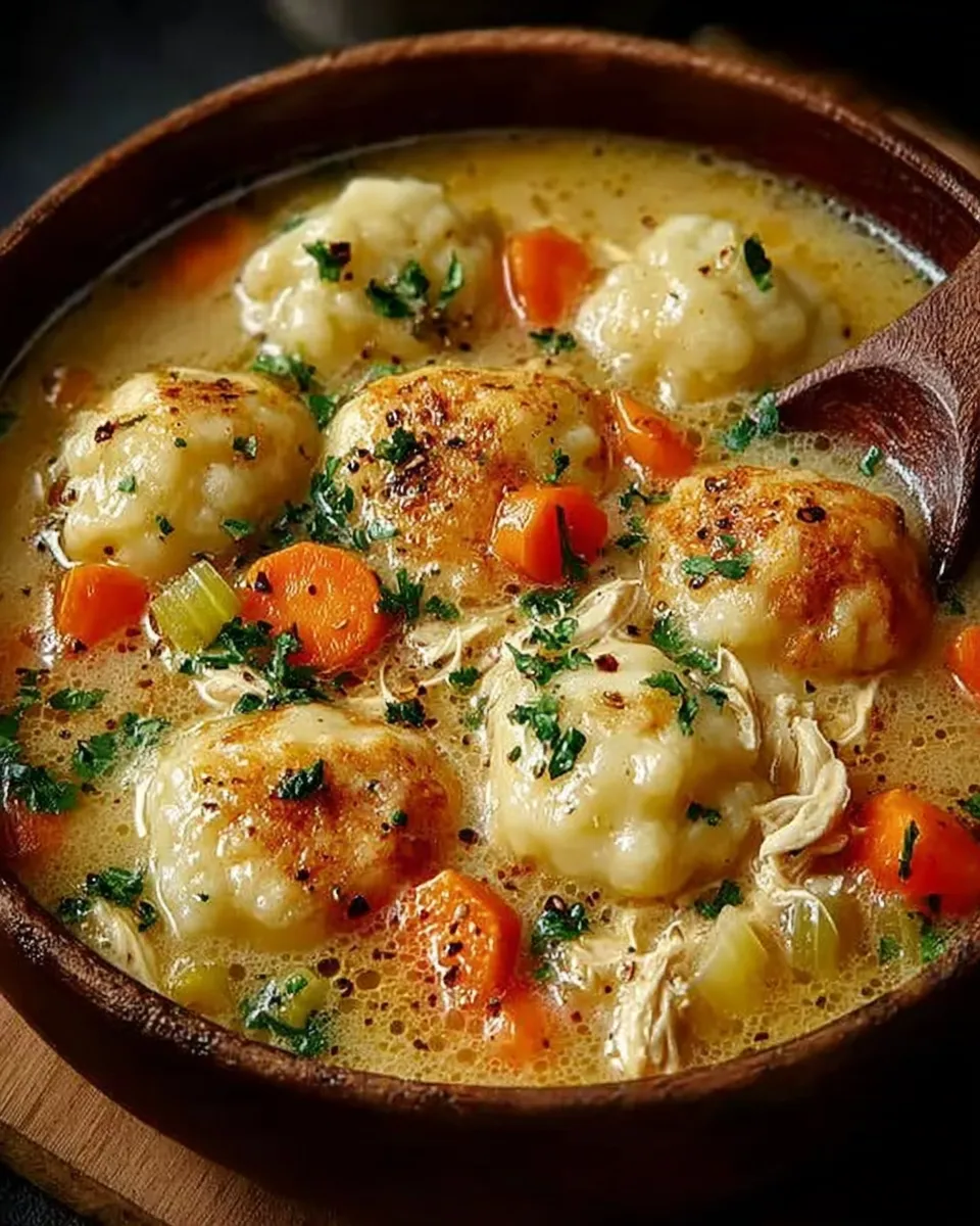 A steaming bowl of chicken & dumplings soup with fluffy dumplings and vibrant vegetables.