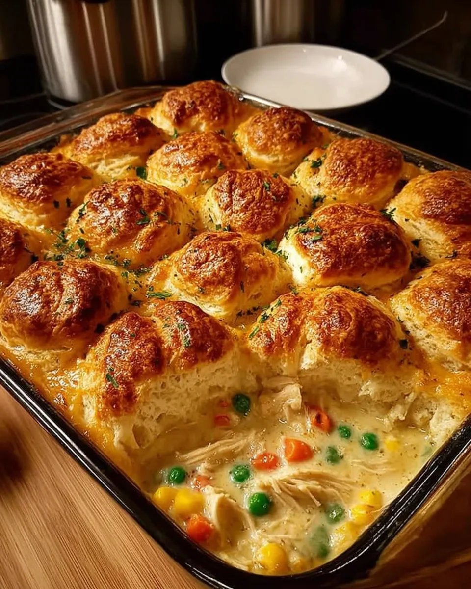 Golden biscuit-topped chicken pot pie bake in a casserole dish, fresh out of the oven  