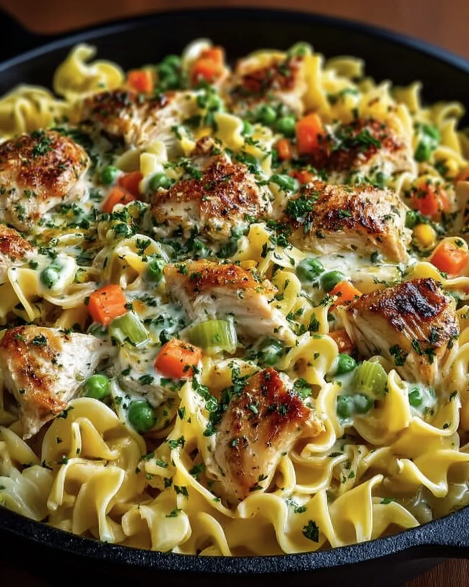 Skillet filled with creamy chicken noodles, carrots, peas, and parsley
