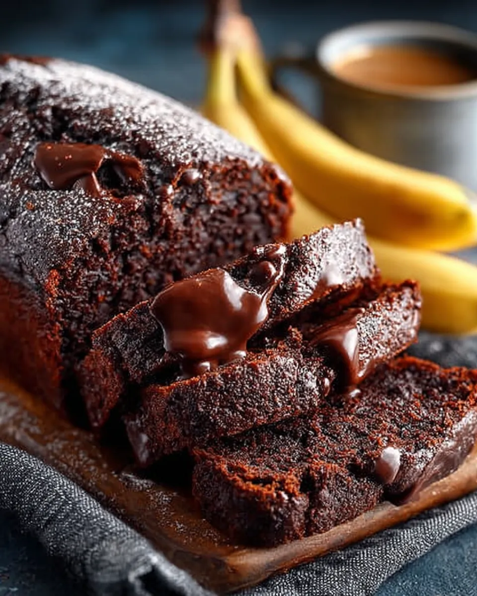 Sliced chocolate banana bread on a wooden board with melty chocolate chips on top