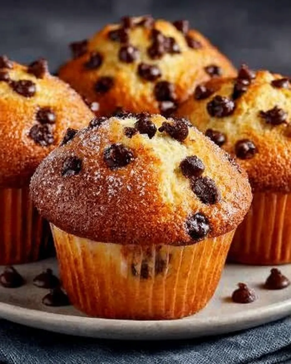 Stack of freshly baked Chocolate Chip Muffins with melted chips on a cooling rack
