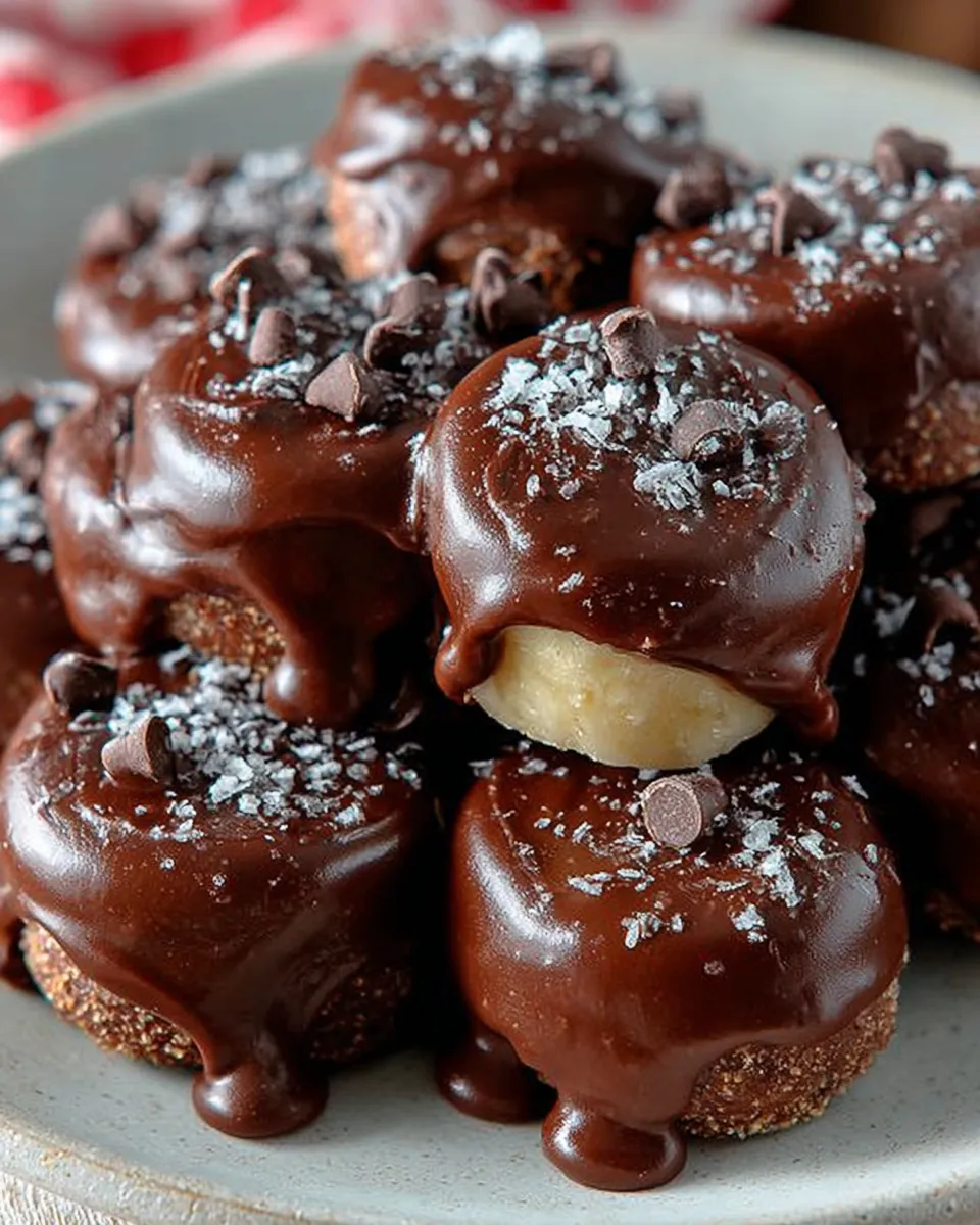 Plate of frozen Chocolate Covered Banana Bites with glossy chocolate coating and optional toppings