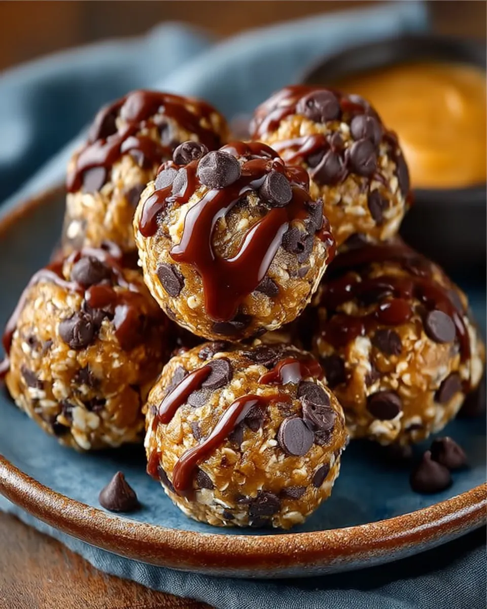 Chocolate Peanut Butter Energy Bites arranged on a plate with oats and chocolate chips in the background