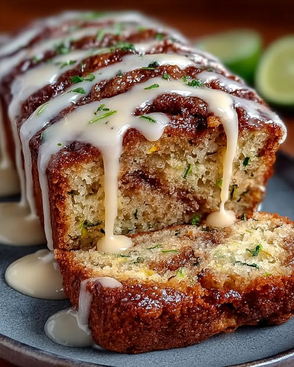A moist loaf of cinnamon roll zucchini bread with visible cinnamon swirls and drizzled glaze on top.