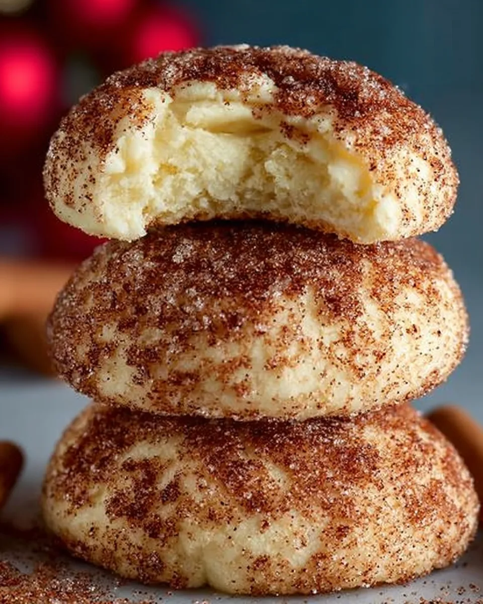 Stack of cinnamon sugar cookies on a plate, dusted with sparkling cinnamon-sugar coatin