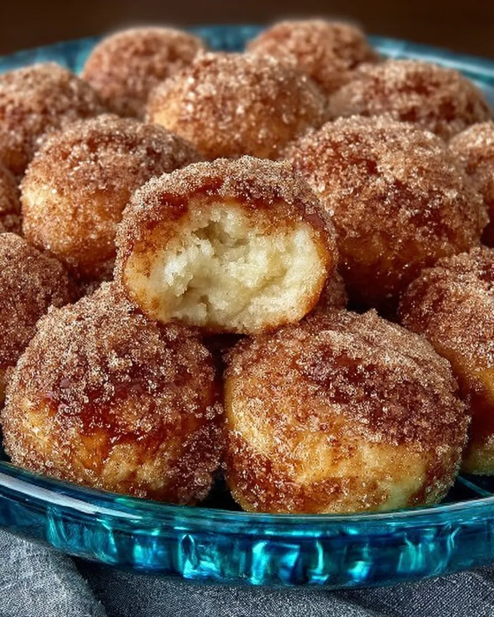 A bowl of golden cinnamon sugar donut holes glistening with butter and coated in cinnamon sugar.
