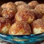 A plate of golden-brown cinnamon sugar donut holes with a dusting of sugar and a side of melted butter.
