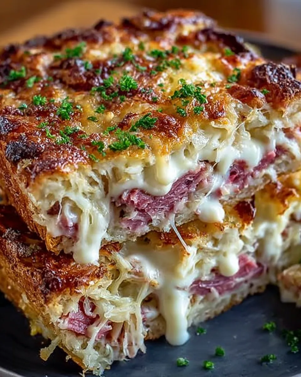 Classic Hearty Reuben Bake with layers of rye bread, corned beef, sauerkraut, and Swiss cheese in a golden, bubbly casserole  