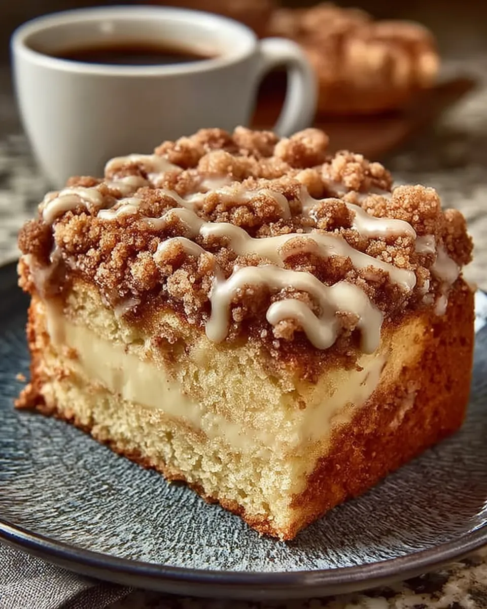 A golden-brown slice of coffee cake with cinnamon streusel on a white plate, next to a steaming mug of coffee