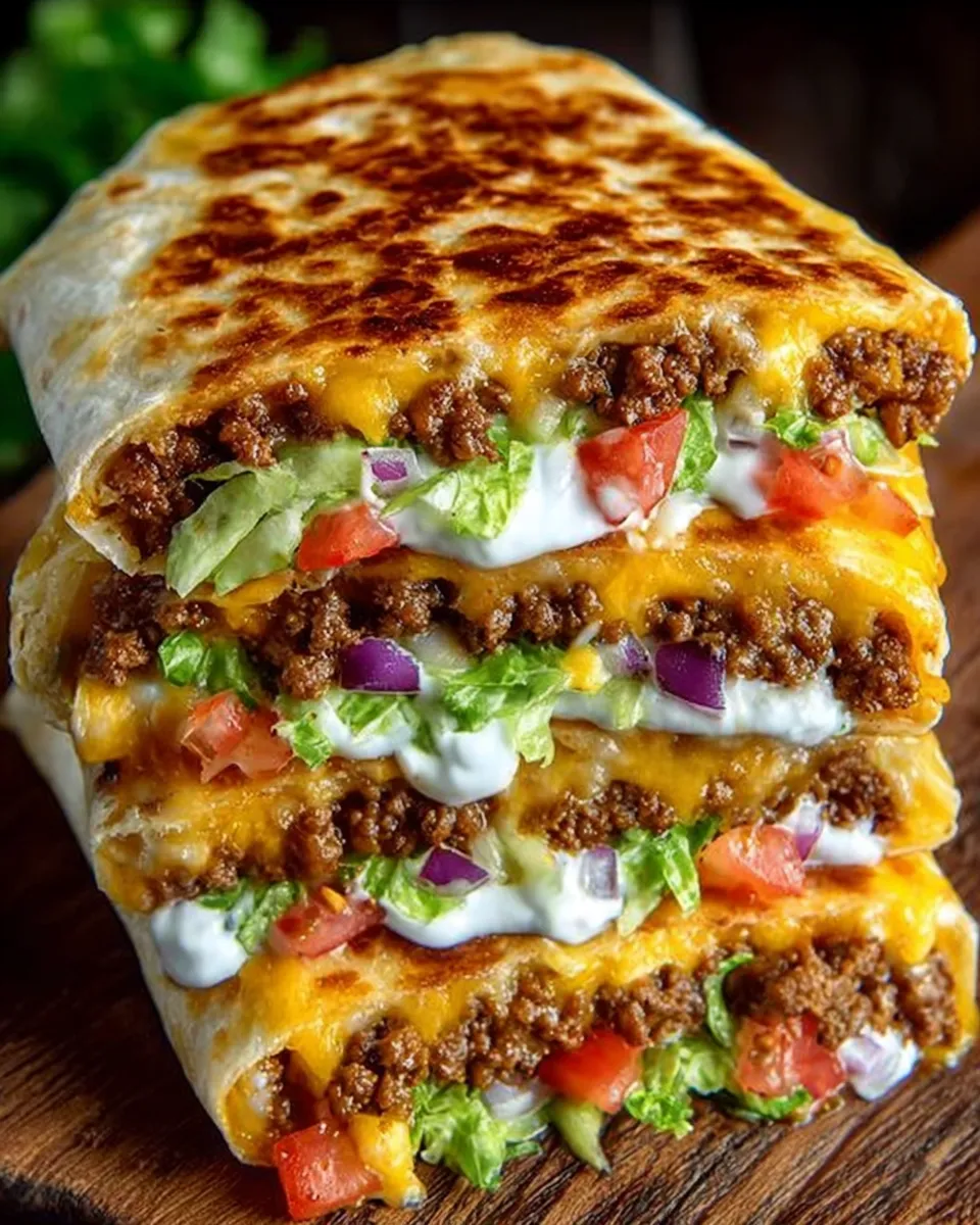 Homemade Crunchwrap Supreme cut open showing layers of beef, cheese, and lettuce 