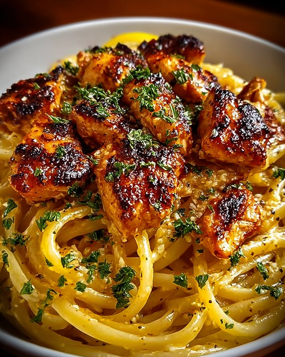 Bowl of Cowboy Butter Chicken Linguine topped with parsley and lemon zest