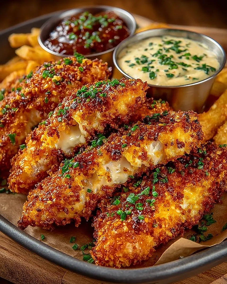 Crispy Crack Chicken Tenders on a plate with ranch dip and sprinkled herbs 