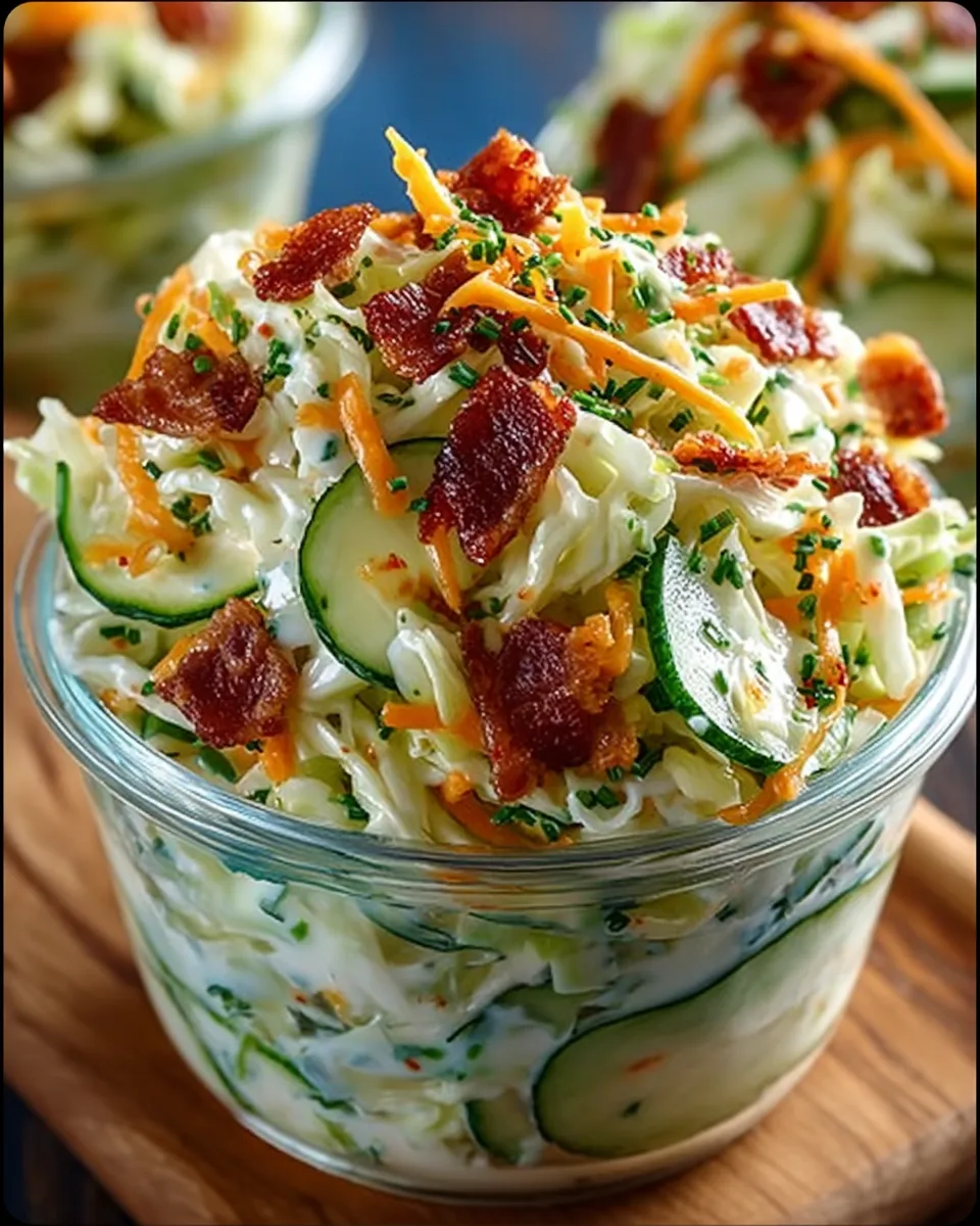 Individual slaw cups filled with creamy bacon ranch cabbage mix, garnished with bacon bits and herbs.
