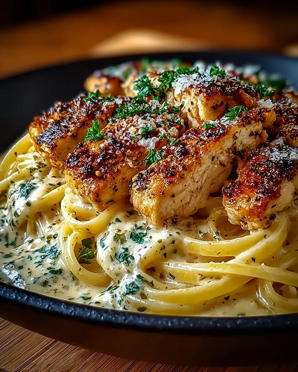 Plate of Creamy Italian Chicken Pasta topped with herbs and Parmesan
