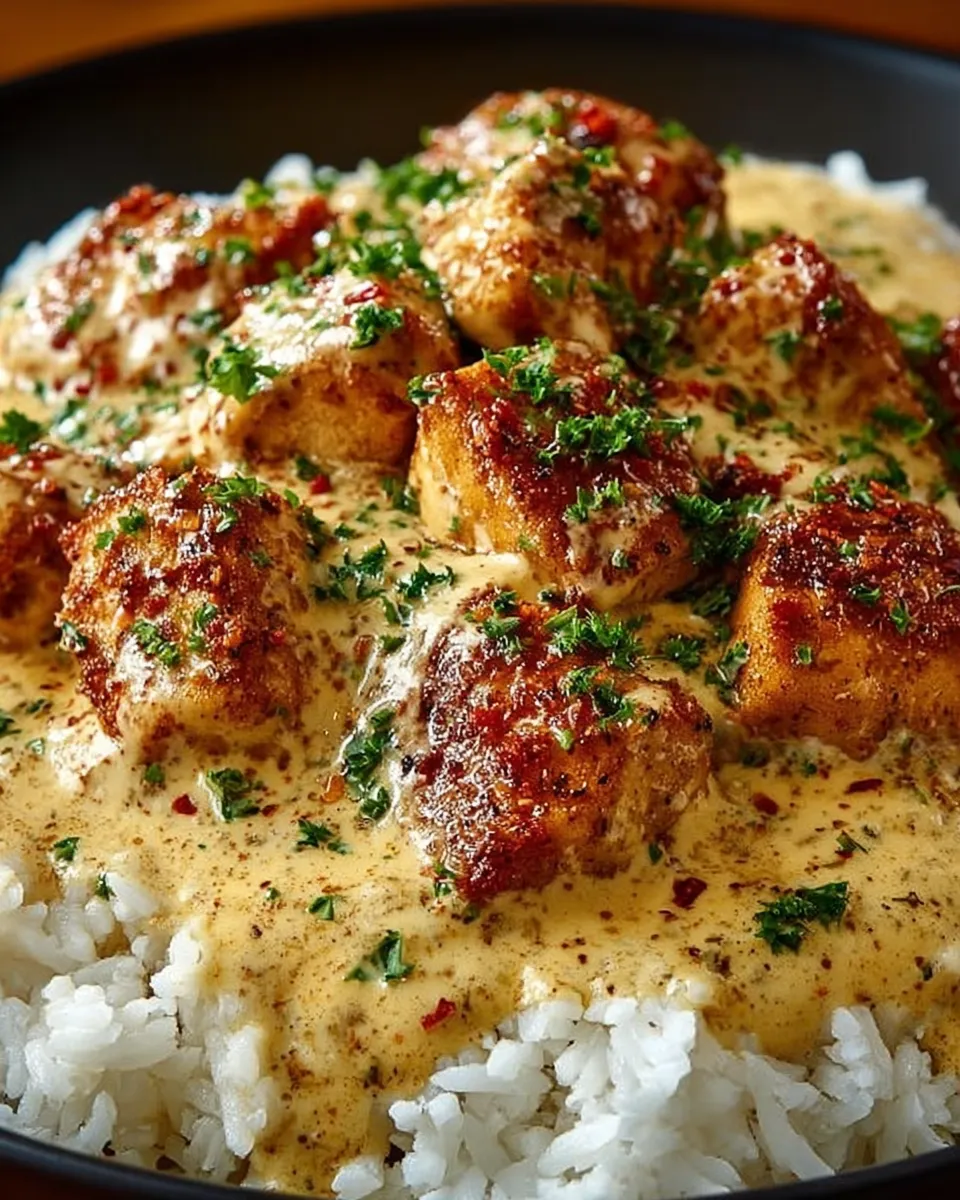 Juicy chicken in creamy sauce over rice
Close-up of Creamy Smothered Chicken and Rice
Creamy chicken dish garnished with parsley