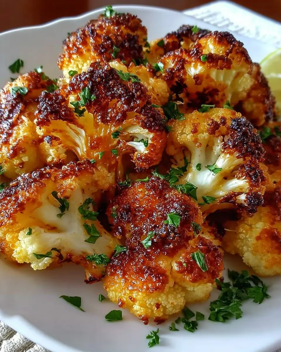 Crispy roasted cauliflower florets on a parchment-lined baking sheet