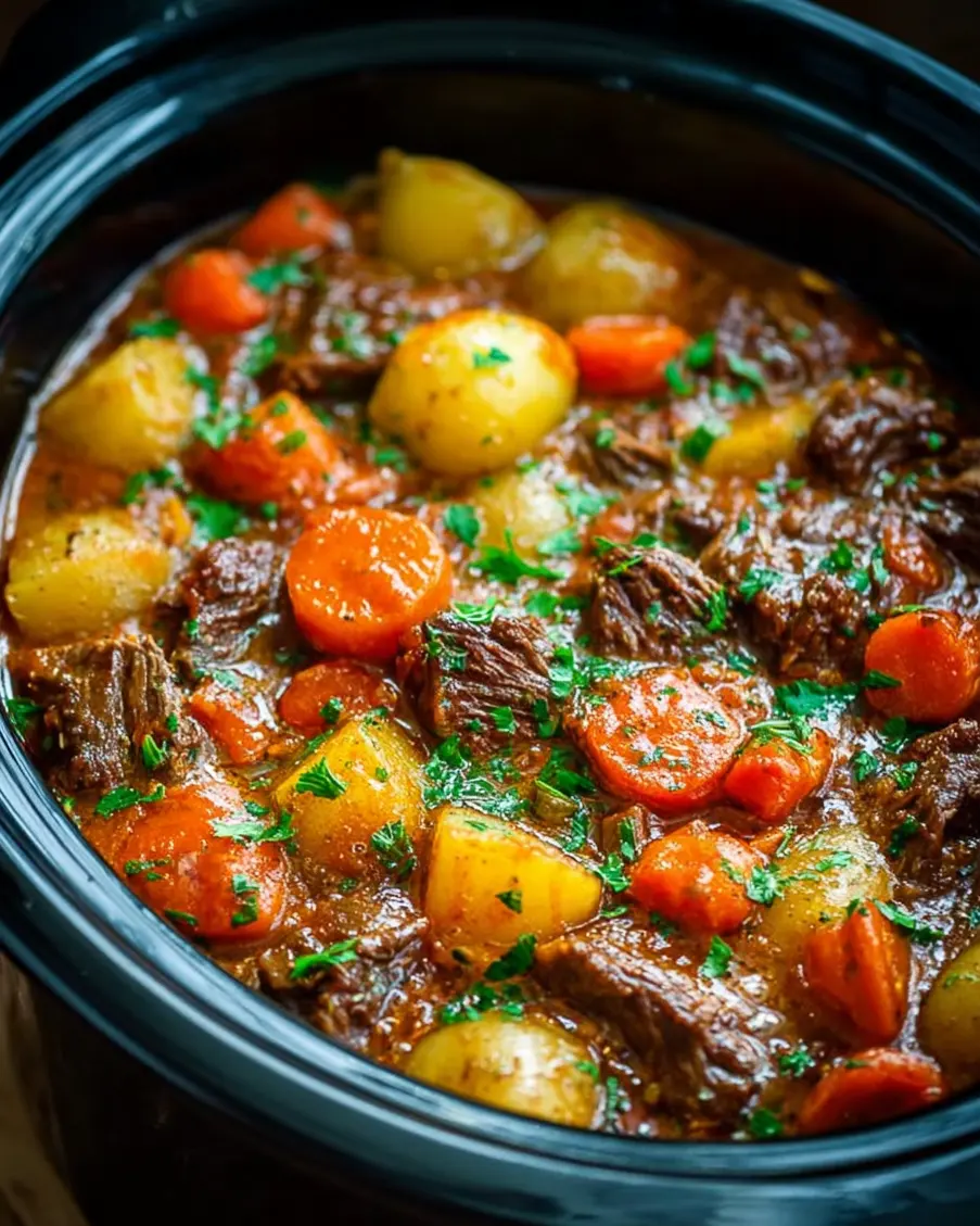 Bowl of crock pot beef stew with carrots, potatoes, and beef chunks in creamy sauce