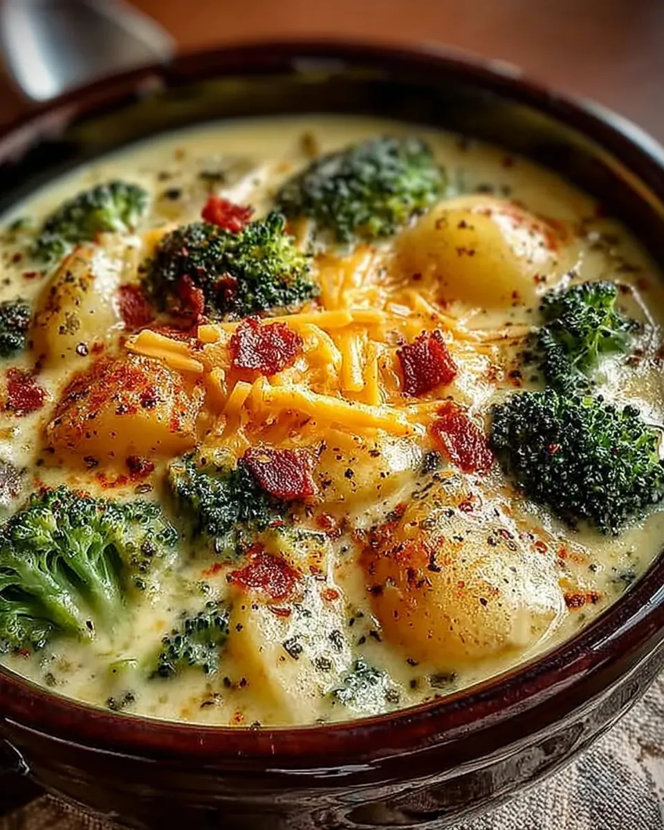 Bowl of creamy Potato Broccoli Cheddar Soup in a slow cooker, garnished with cheese and broccoli on top