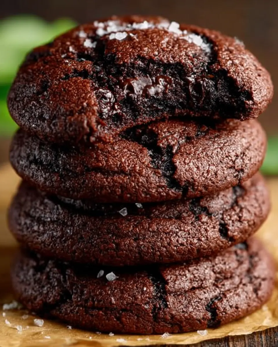 Stack of dark chocolate brown sugar cookies on parchment paper